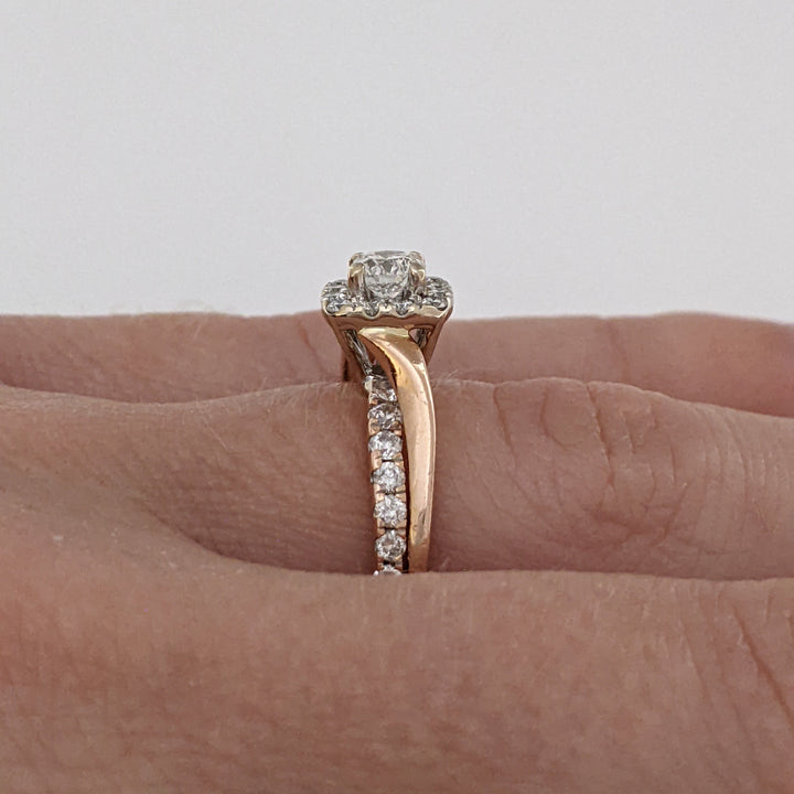 14K ROSE .58 CARAT TOTAL WEIGHT I1 H DIAMOND ROUND (27) ESTATE HALO RING 3.4 GRAMS