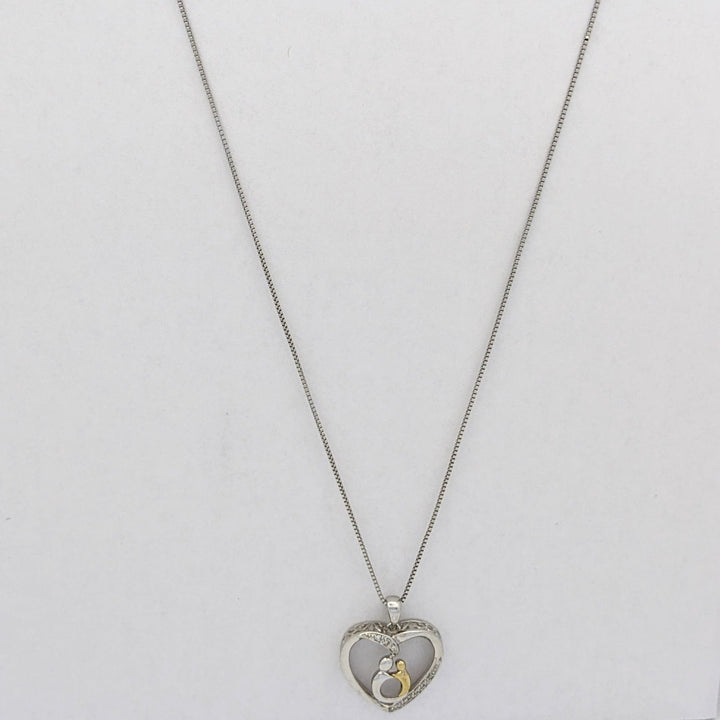 STERLING SILVER/ 14K DIAMOND MELEE HEART WITH MOTHER/CHILD ESTATE PENDANT &amp; CHAIN 3.2 GRAMS