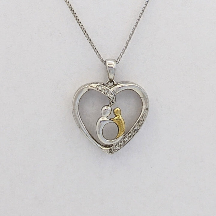 STERLING SILVER/ 14K DIAMOND MELEE HEART WITH MOTHER/CHILD ESTATE PENDANT &amp; CHAIN 3.2 GRAMS