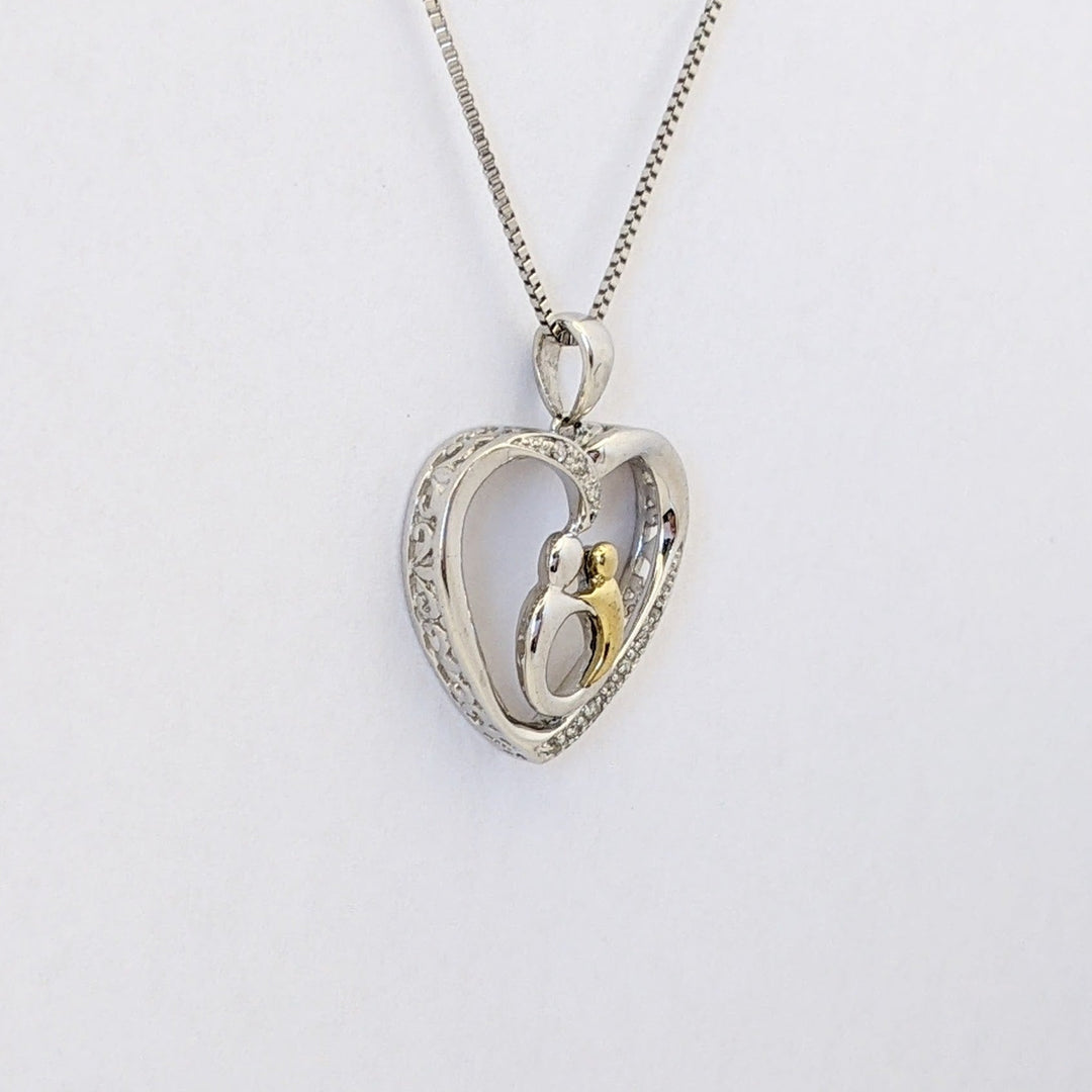 STERLING SILVER/ 14K DIAMOND MELEE HEART WITH MOTHER/CHILD ESTATE PENDANT &amp; CHAIN 3.2 GRAMS