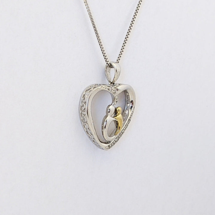 STERLING SILVER/ 14K DIAMOND MELEE HEART WITH MOTHER/CHILD ESTATE PENDANT &amp; CHAIN 3.2 GRAMS
