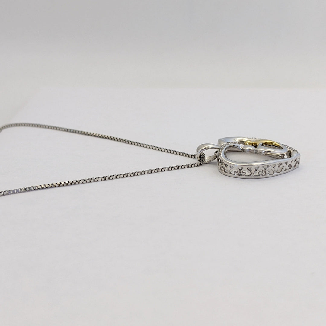 STERLING SILVER/ 14K DIAMOND MELEE HEART WITH MOTHER/CHILD ESTATE PENDANT &amp; CHAIN 3.2 GRAMS