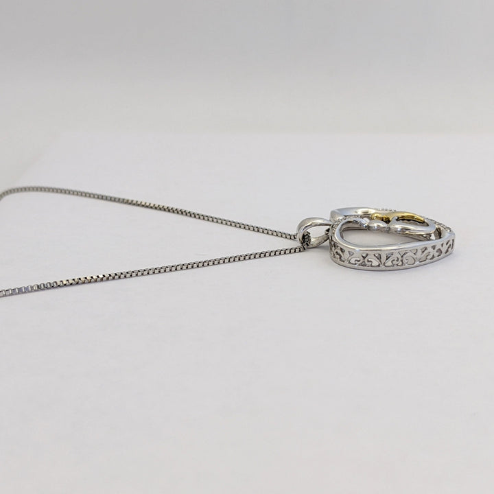 STERLING SILVER/ 14K DIAMOND MELEE HEART WITH MOTHER/CHILD ESTATE PENDANT &amp; CHAIN 3.2 GRAMS