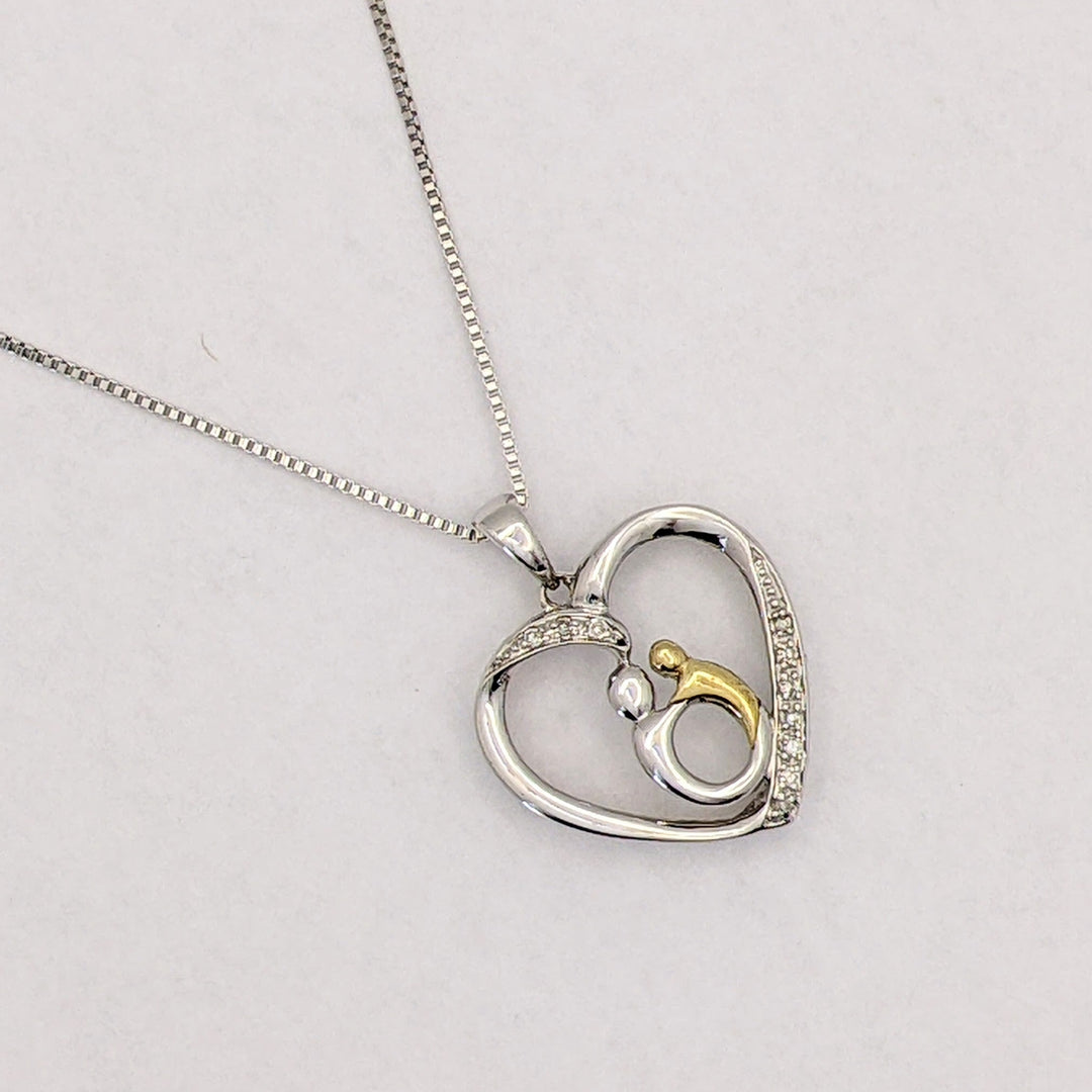 STERLING SILVER/ 14K DIAMOND MELEE HEART WITH MOTHER/CHILD ESTATE PENDANT &amp; CHAIN 3.2 GRAMS