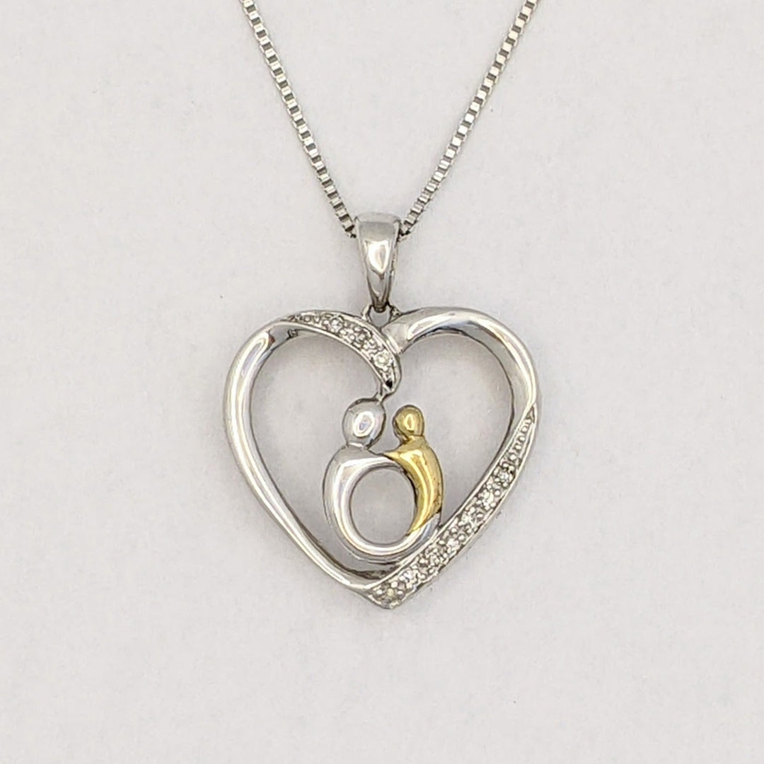 STERLING SILVER/ 14K DIAMOND MELEE HEART WITH MOTHER/CHILD ESTATE PENDANT &amp; CHAIN 3.2 GRAMS