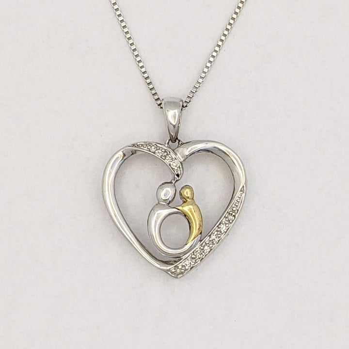 STERLING SILVER/ 14K DIAMOND MELEE HEART WITH MOTHER/CHILD ESTATE PENDANT &amp; CHAIN 3.2 GRAMS