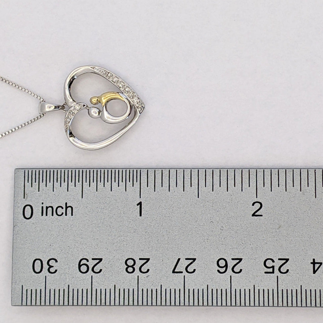 STERLING SILVER/ 14K DIAMOND MELEE HEART WITH MOTHER/CHILD ESTATE PENDANT &amp; CHAIN 3.2 GRAMS