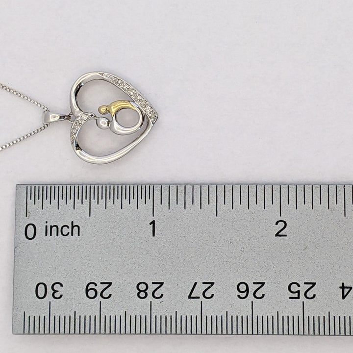 STERLING SILVER/ 14K DIAMOND MELEE HEART WITH MOTHER/CHILD ESTATE PENDANT &amp; CHAIN 3.2 GRAMS