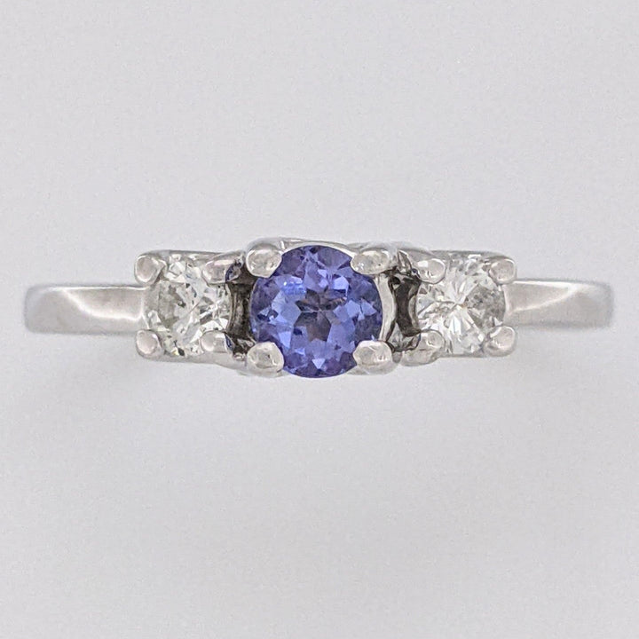 14K WHITE TANZANITE ROUND 3.8MM WITH .18 DIAMOND TOTAL WEIGHT (2) ROUND ESTATE TRINITY RING 2.9 GRAMS