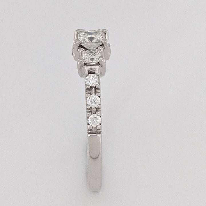 14K WHITE .97 CARAT TOTAL WEIGHT SI2 H DIAMOND PRINCESS CUT (3) ROUND (8) ESTATE HALO LEO RING 4.8 GRAMS