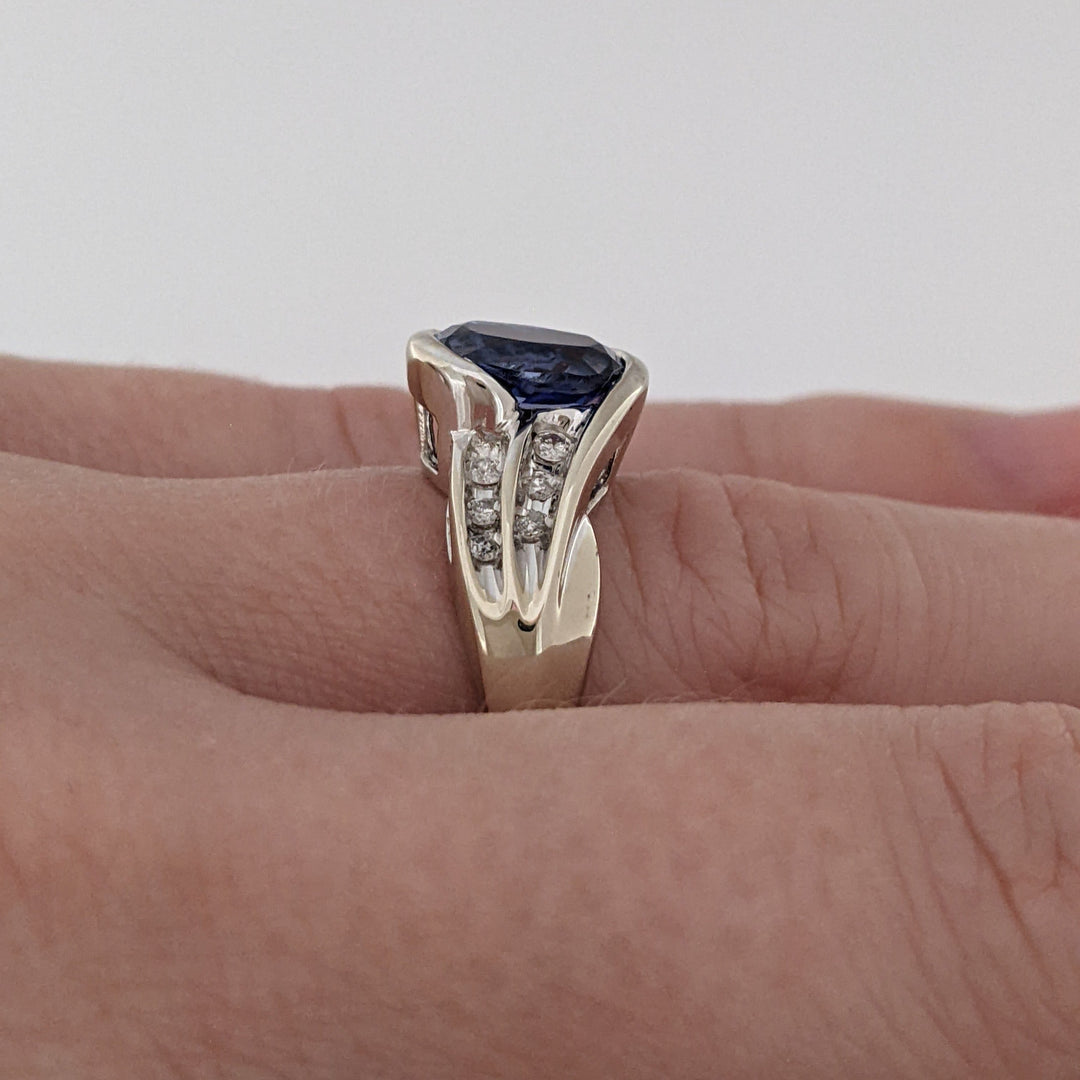 10K WHITE LAB-CREATED SAPPHIRE OXAL 6X8 WITH (12) MELEE ESTATE RING 3.6 GRAMS