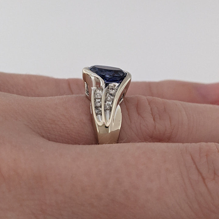 10K WHITE LAB-CREATED SAPPHIRE OXAL 6X8 WITH (12) MELEE ESTATE RING 3.6 GRAMS