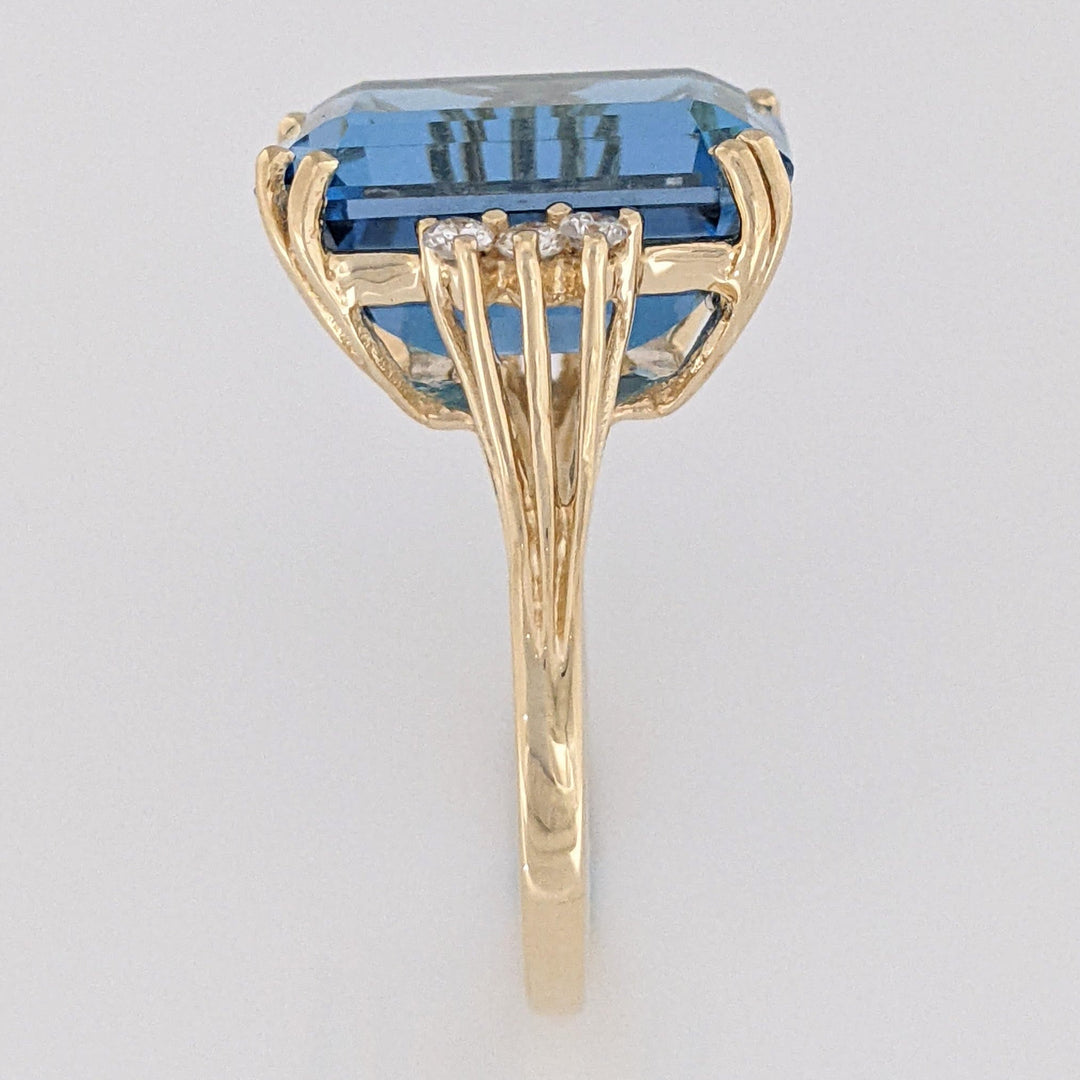 14K LONDON BLUE TOPAZ EMERALD CUT 12X16 WITH (6) MELEE ESTATE RING 6.9 GRAMS
