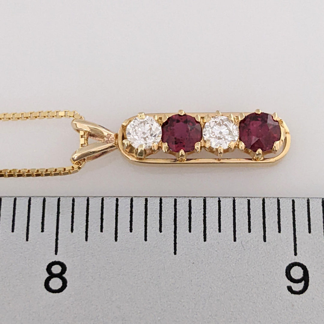 14K RUBY ROUND 4.5MM (2) DIAMOND ROUND (2) .46DTW ESTATE PENDANT & CHAIN 4.3 GRAMS