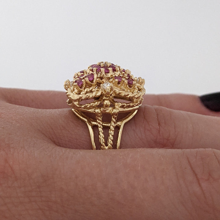 14K RUBY ROUND (18) 2MM WITH (5) MELEE ESTATE CLUSTER RING 7.3 GRAMS