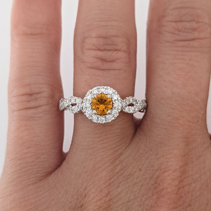 14K WHITE CITRINE ROUND 4.5MM WITH .50 DIAMOND TOTAL WEIGHT HALO ESTATE RING 3.4 GRAMS