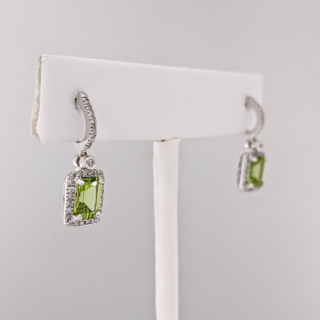 14K WHITE PERIDOT EMERALD CUT 5X7 WITH .33 DIAMOND TOTAL WEIGHT (66) ESTATE DANGLE EARRINGS 3.2 GRAMS