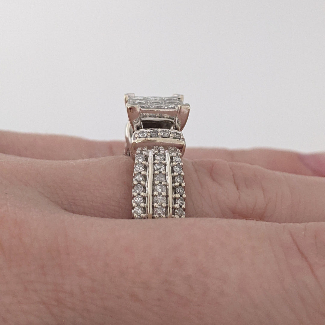 10K WHITE 1.00 CARAT TOTAL WEIGHT I1 H DIAMOND PRINCESS CUT (9) CENTER WITH (50) MELEE ESTATE RING 6.1 GRAMS