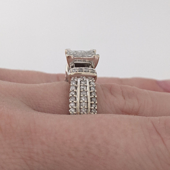 10K WHITE 1.00CTW I1 H DIAMOND PRINCESS CUT (9) CENTER WITH (50) MELEE ESTATE RING 6.1 GRAMS