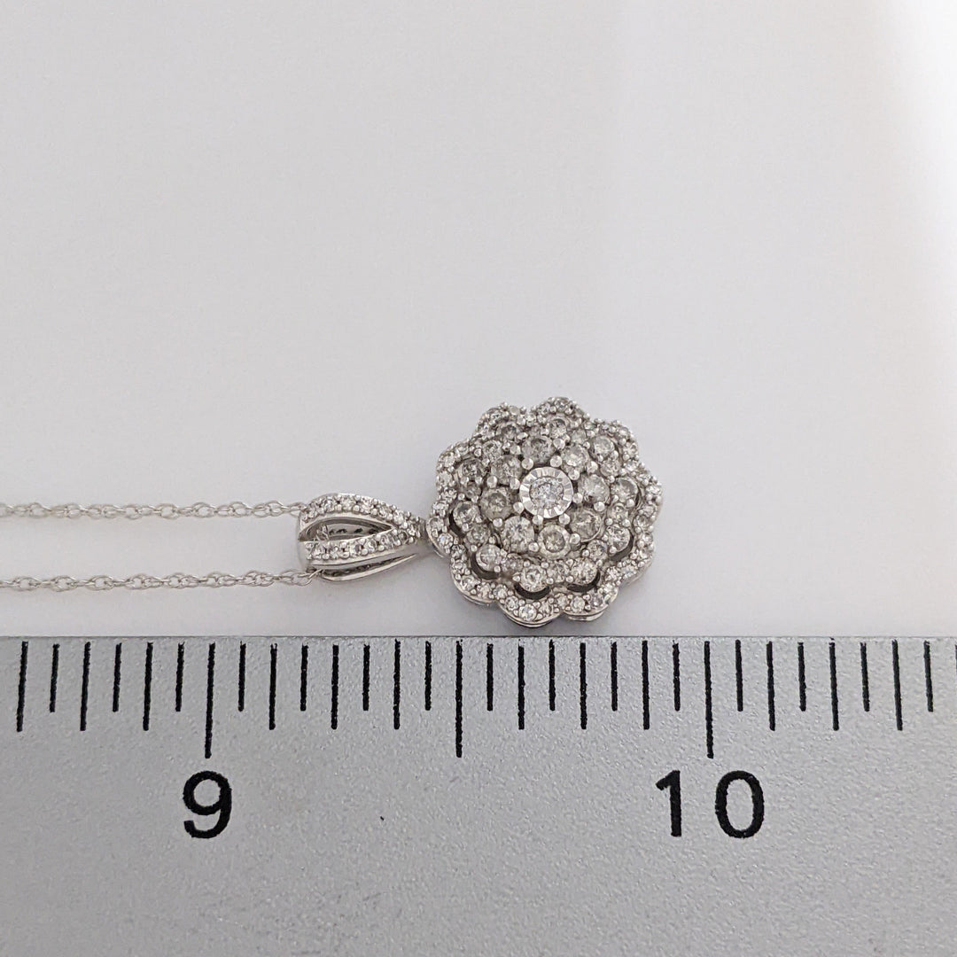 10K WHITE .64 CARAT TOTAL WEIGHT I1 J DIAMOND ROUND (82) ESTATE CLUSTER PENDANT &amp; CHAIN 2.8 GRAMS