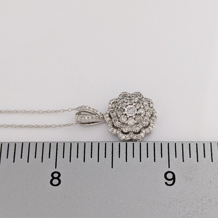 10K WHITE .64 CARAT TOTAL WEIGHT I1 J DIAMOND ROUND (82) ESTATE CLUSTER PENDANT &amp; CHAIN 2.8 GRAMS
