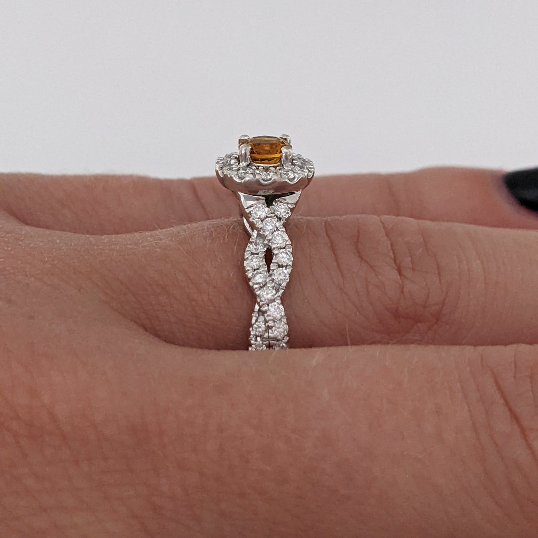 14K WHITE CITRINE ROUND 4.5MM WITH .50 DIAMOND TOTAL WEIGHT HALO ESTATE RING 3.4 GRAMS