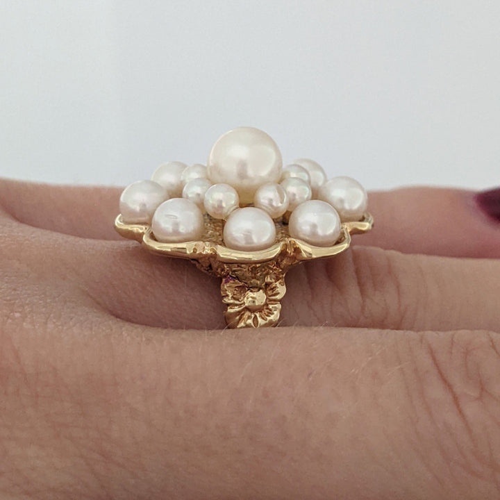 14K PEARL ROUND (17) CLUSTER ESTATE RING 9.5 GRAMS