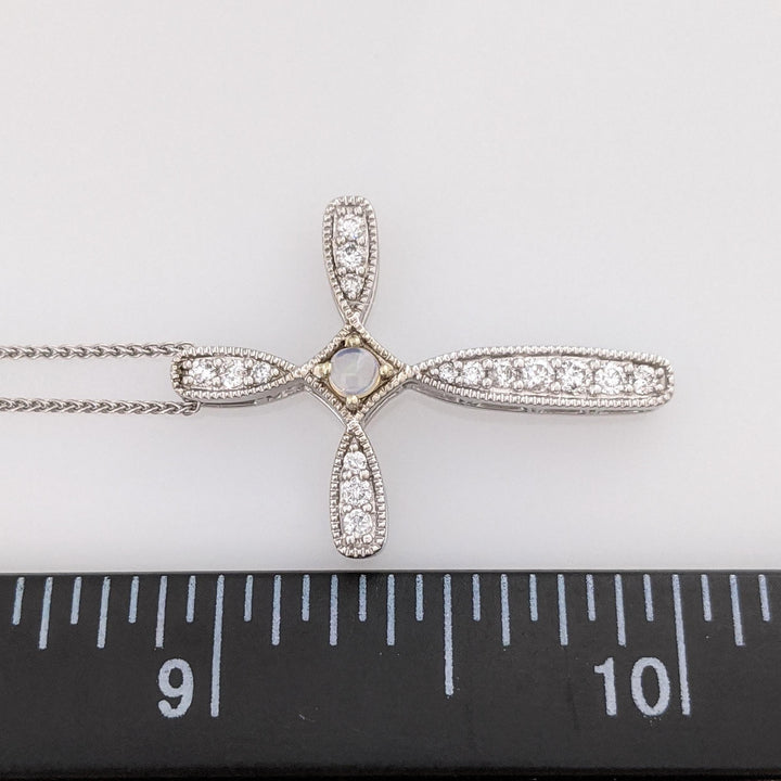 10K WHITE OPAL ROUND 2MM WITH .40 DIAMOND TOTAL WEIGHT (16) ESTATE CROSS PENDANT & 14K CHAIN 3.9 GRAMS