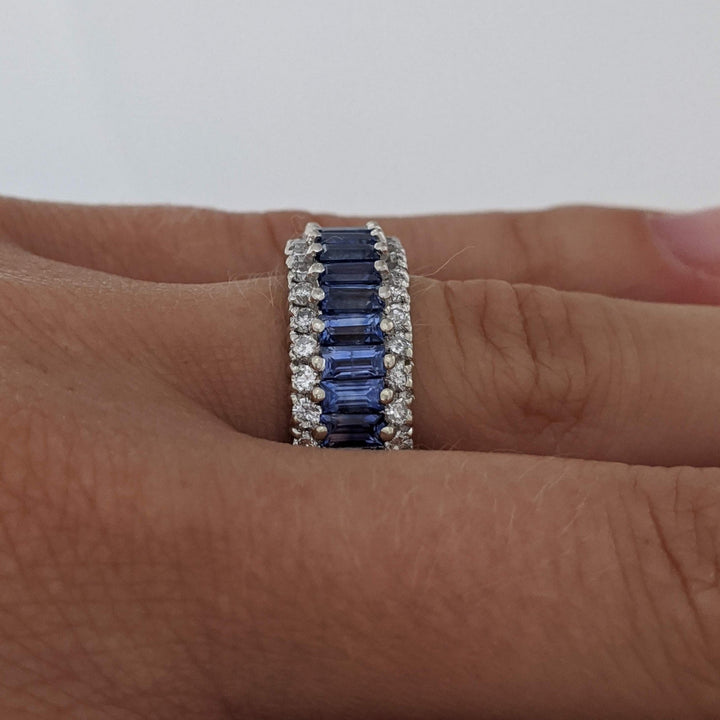 14K WHITE LAB-CREATED SAPPHIRE BAGUETTE (17) 2X4 WITH .48 DIAMOND TOTAL WEIGHT ESTATE BAND 7.2 GRAMS