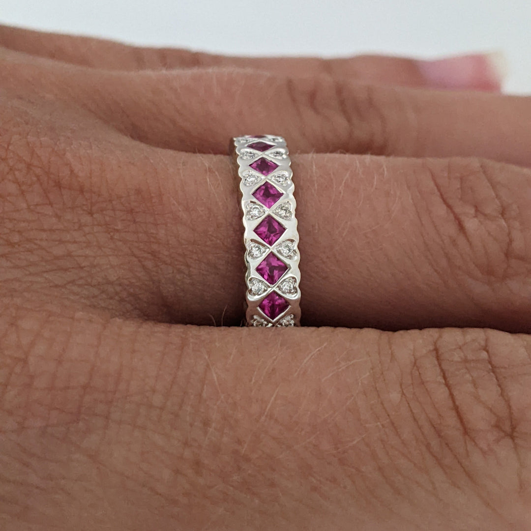 14K WHITE RUBY .99 CARAT TOTAL WEIGHT PRINCESS CUT WITH .14 CARAT TOTAL WEIGHT ESTATE BAND 3.9 GRAMS