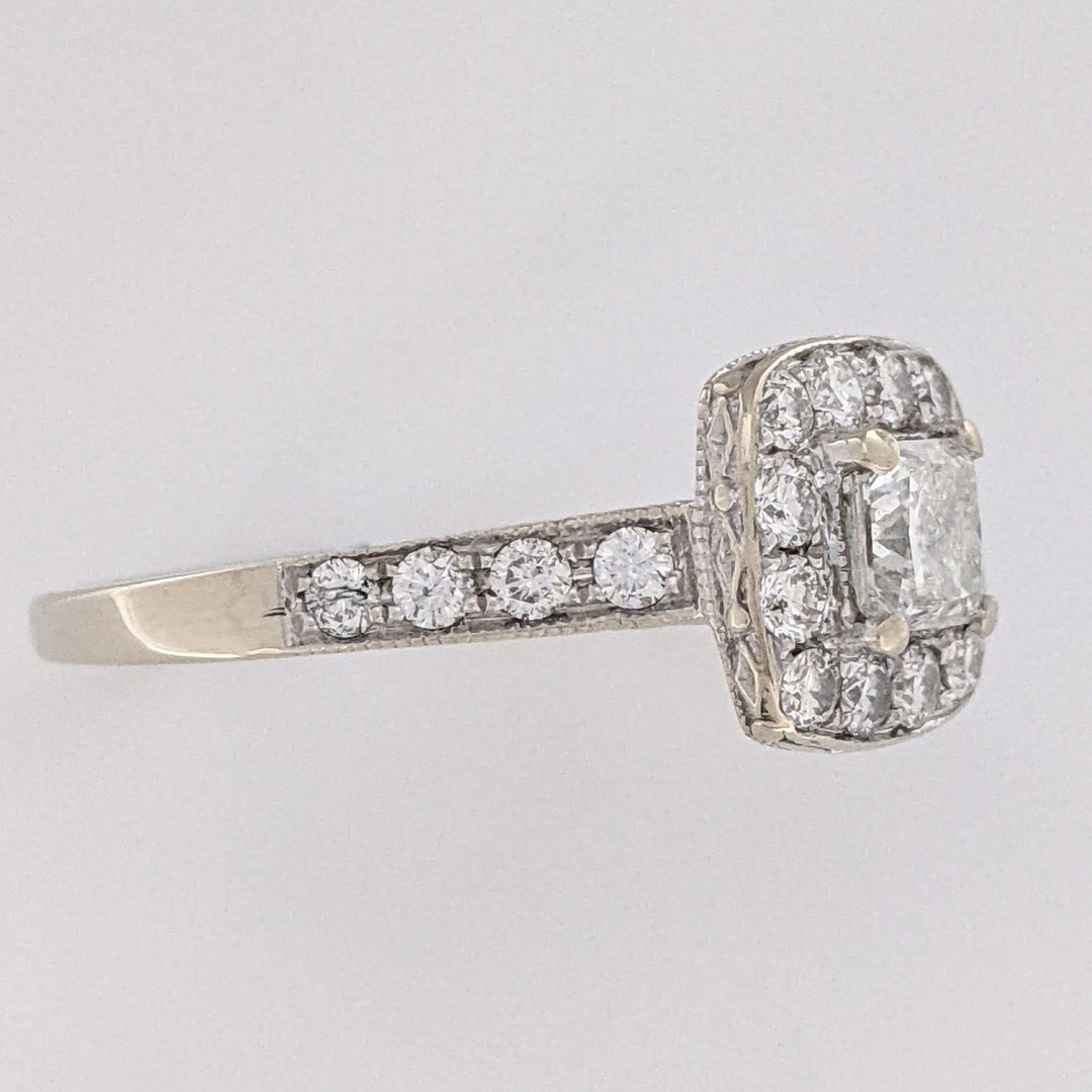 14K WHITE 1.43 CARAT TOTAL WEIGHT I1 I DIAMOND PRINCESS CUT (1) ROUND (21) ESTATE HALO RING 5.4 GRAMS