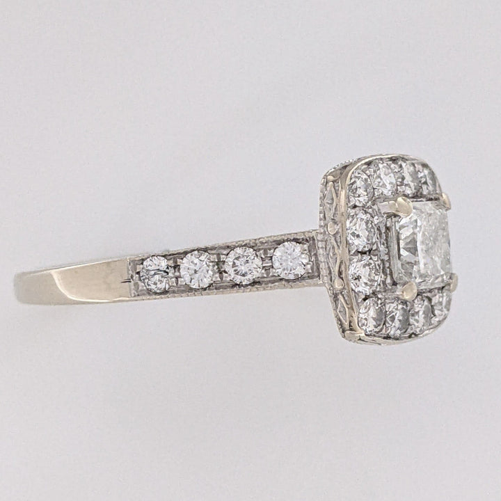 14K WHITE 1.43 CARAT TOTAL WEIGHT I1 I DIAMOND PRINCESS CUT (1) ROUND (21) ESTATE HALO RING 5.4 GRAMS