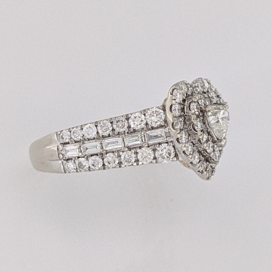 10K TWO-TONE 1.47 CARAT TOTAL WEIGHT SI1 I DIAMOND HEART (1) ROUND (66) BAGUETTE (10) ESTATE DOUBLE HALO RING 3.9 GRAMS
