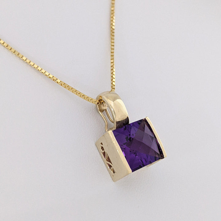 14K AMETHYST PRINCESS CUT 10MM BAR SET ESTATE PENDANT & CHAIN 8.1 GRAMS