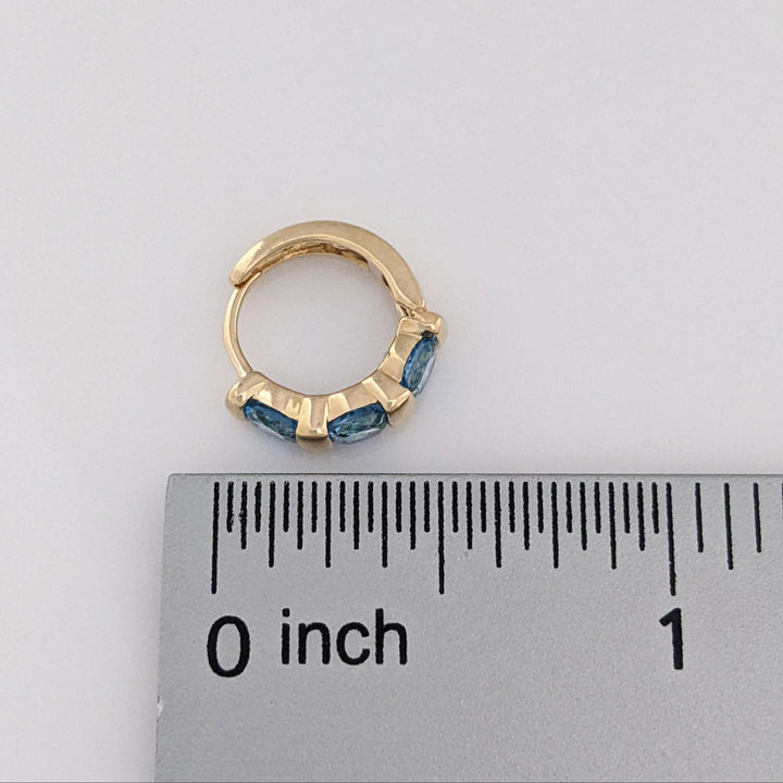 14K BLUE TOPAZ ROUND (6) 4MM BAR SET ESTATE HOOP EARRINGS 3.0 GRAMS