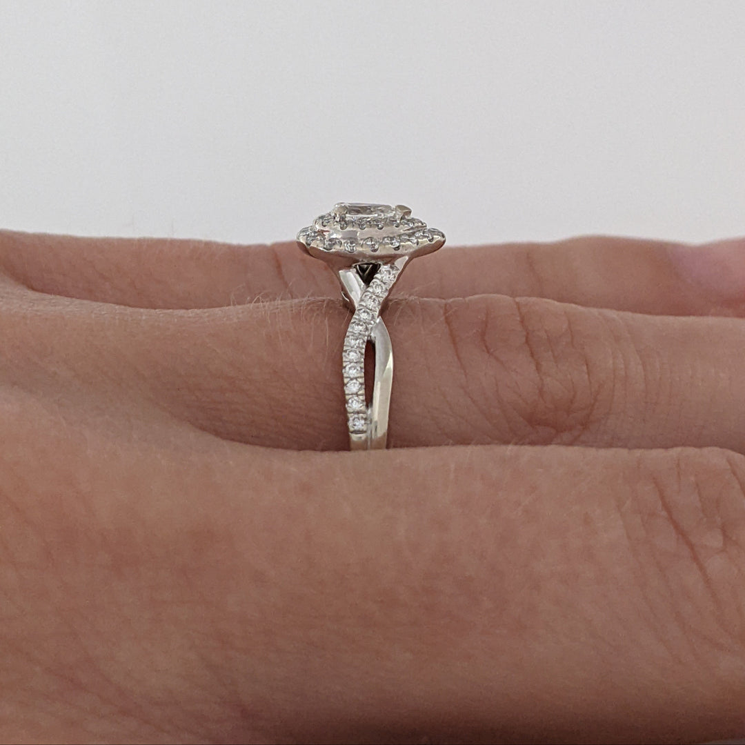 14K WHITE .66 CARAT TOTAL WEIGHT SI1 H DIAMOND PEAR (1) ROUND (54) DOUBLE HALO ESTATE RING 3.0 GRAMS