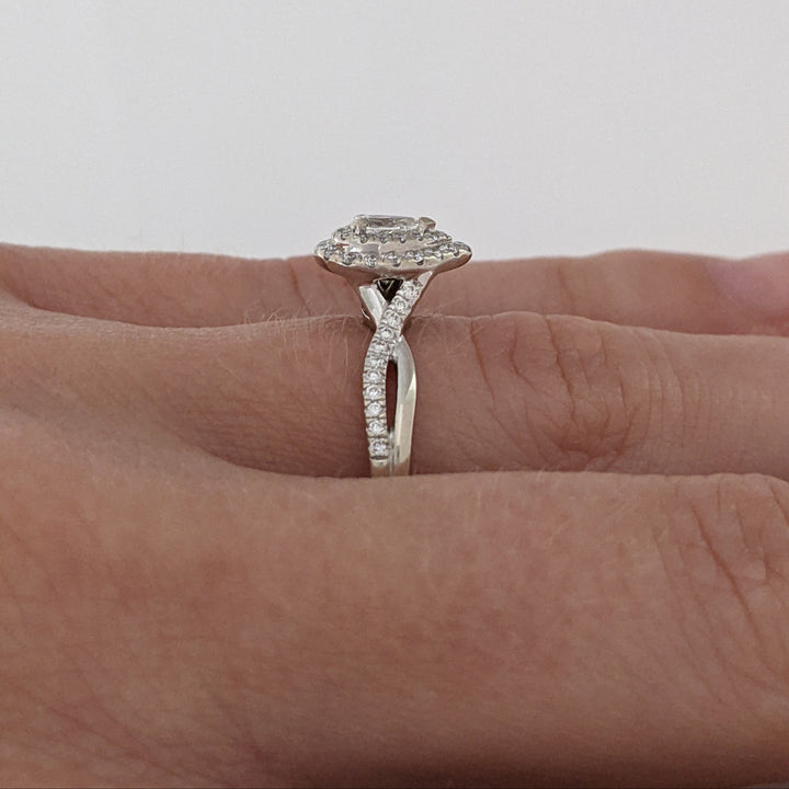 14K WHITE .66 CARAT TOTAL WEIGHT SI1 H DIAMOND PEAR (1) ROUND (54) DOUBLE HALO ESTATE RING 3.0 GRAMS