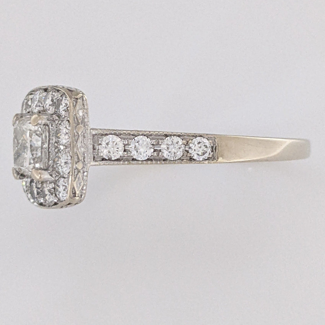 14K WHITE 1.43 CARAT TOTAL WEIGHT I1 I DIAMOND PRINCESS CUT (1) ROUND (21) ESTATE HALO RING 5.4 GRAMS