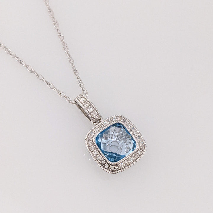 14K WHITE BLUE TOPAZ CUSHION CUT 6MM WITH MELEE BEAD TRIM ESTATE PENDANT & CHAIN 2.2 GRAMS