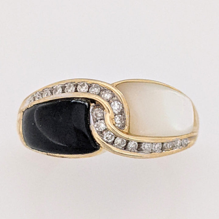 14K ONYX/ MOTHER OF PEARL WITH .10 DIAMOND TOTAL WEIGHT (20) ROUND ESTATE RING 4.8 GRAMS