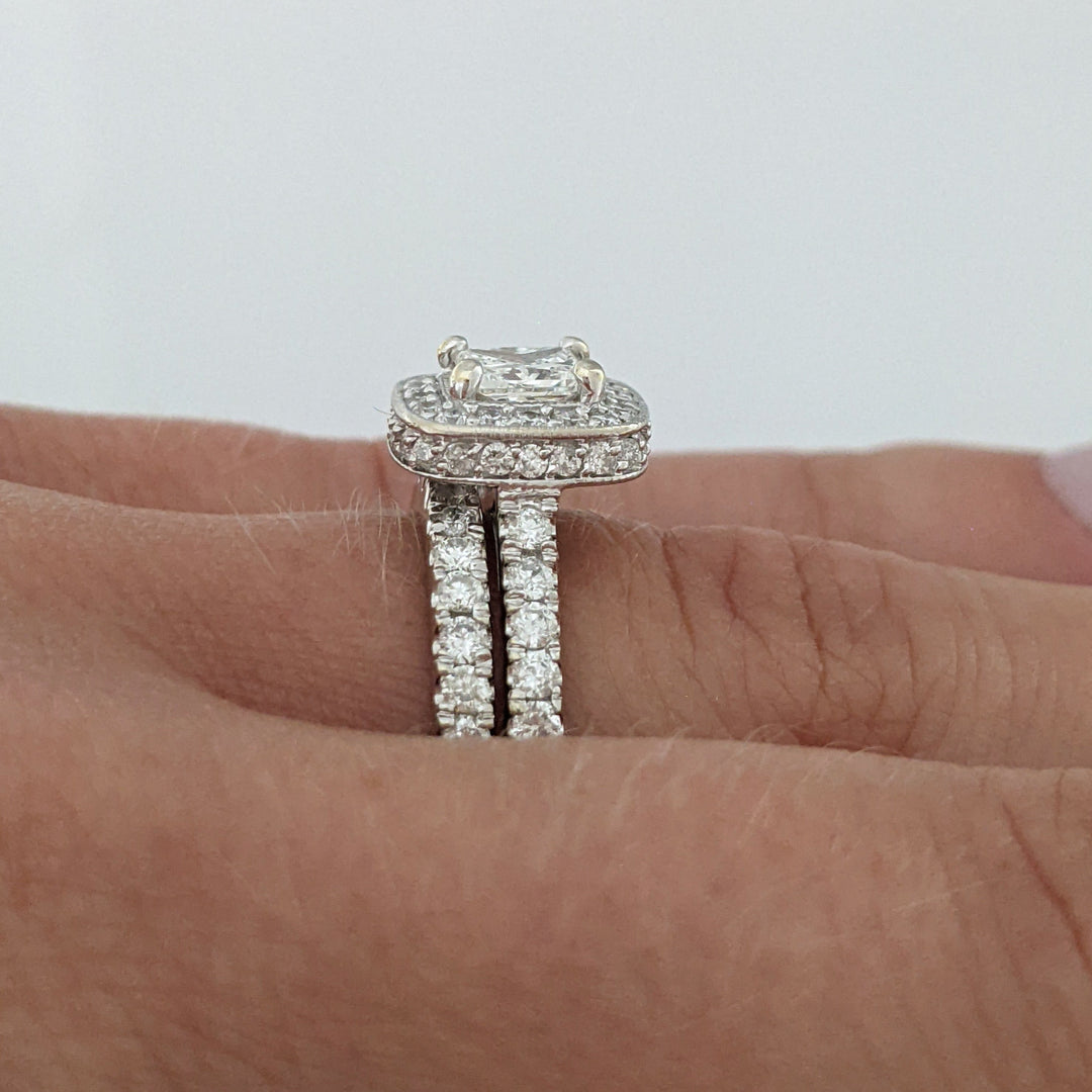 14K WHITE 1.61 CARAT TOTAL WEIGHT DIAMOND PRINCESS CUT WITH (90) MELEE ESTATE RING & BAND SET 5.5 GRAMS