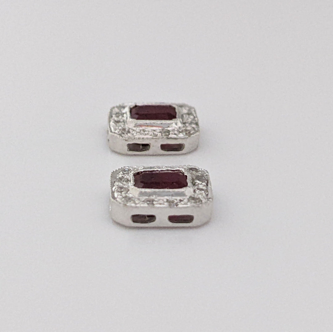 14K WHITE RUBY EMERALD CUT 3X4 WITH MELEE HALO FRAMED ESTATE EARRINGS 1.3 GRAMS