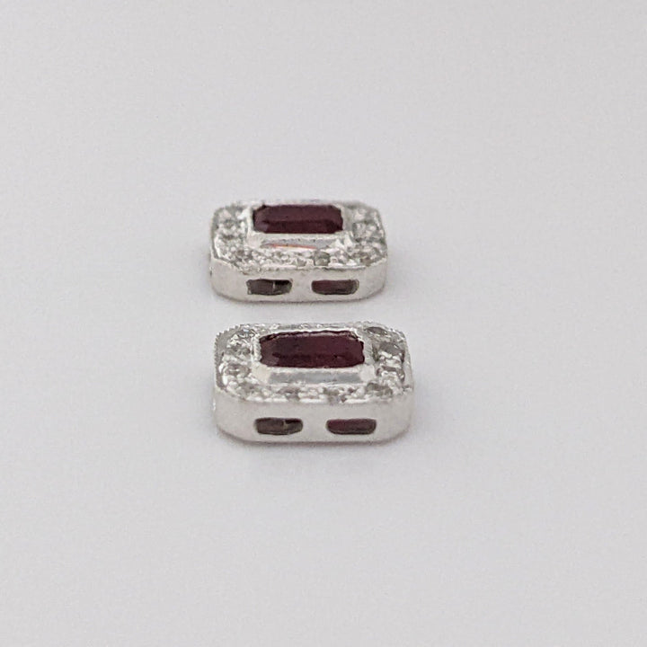 14K WHITE RUBY EMERALD CUT 3X4 WITH MELEE HALO FRAMED ESTATE EARRINGS 1.3 GRAMS