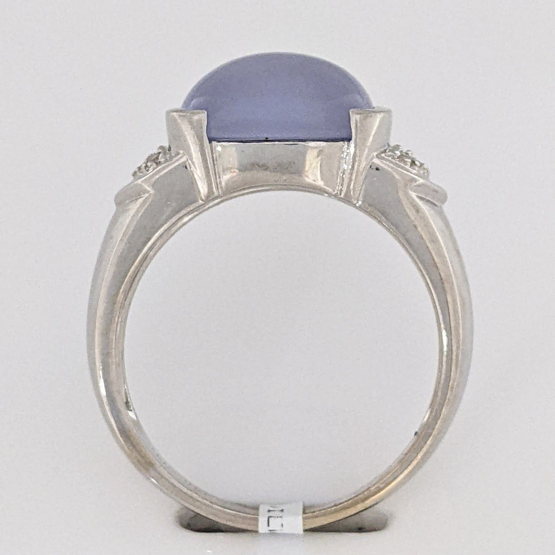 14K WHITE LAVENDER JADE CABOCHON 10X9 WITH (6) MELEE ESTATE RING 4.9 GRAMS