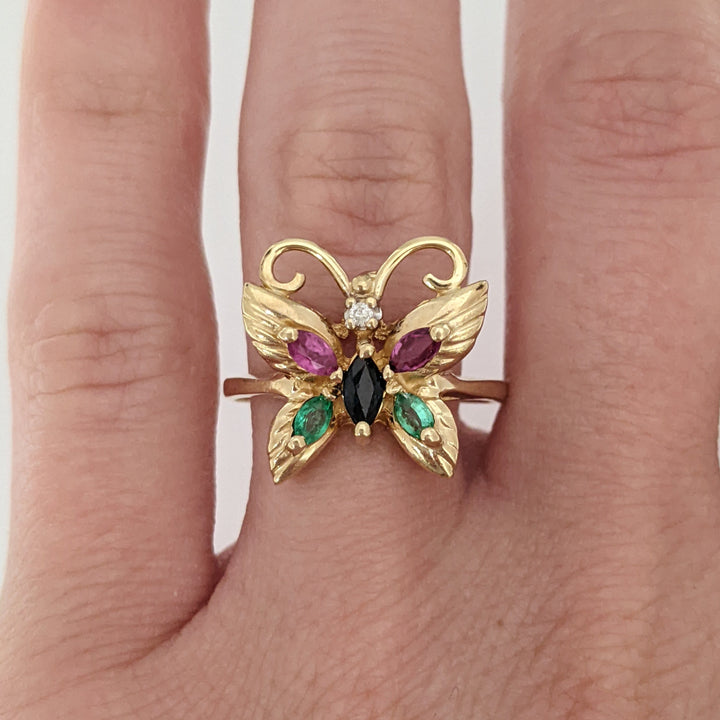 10K SAPPHIRE, RUBY, EMERALD MARQUISE WITH MELEE ESTATE BUTTERFLY RING 2.8 GRAMS