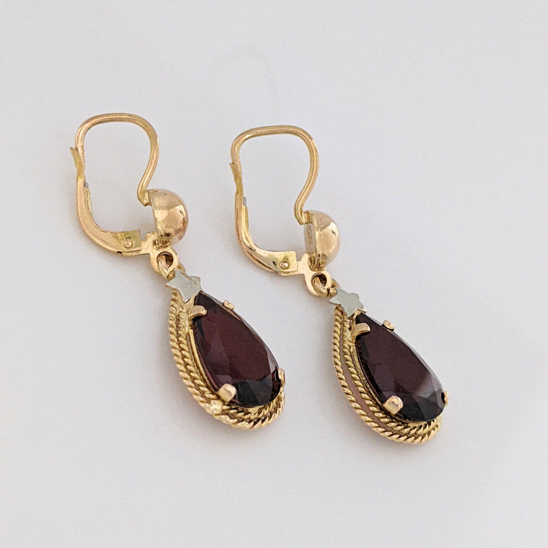 18K GARNET PEAR 8X18 WITH BEADED TRIM ESTATE EARRINGS 5.5 GRAMS