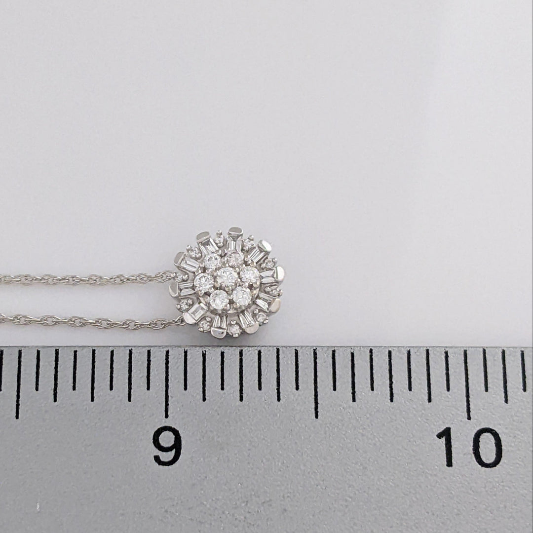 14K WHITE .25 CARAT TOTAL WEIGHT I-J DIAMOND ROUND AND BAGUETTE ESTATE CLUSTER PENDANT & CHAIN 2.1 GRAMS