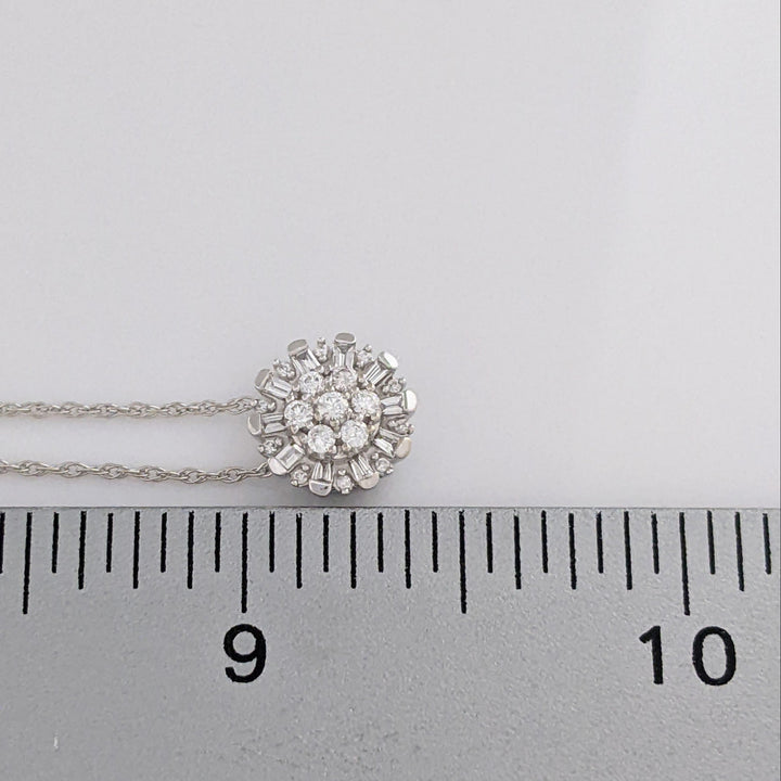 14K WHITE .25 CARAT TOTAL WEIGHT I-J DIAMOND ROUND AND BAGUETTE ESTATE CLUSTER PENDANT & CHAIN 2.1 GRAMS