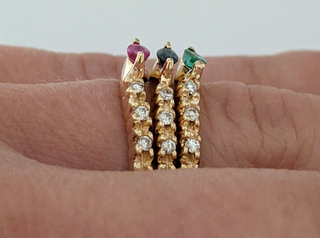 14K EMERALD, RUBY, SAPPHIRE MARQUISE 2X4 WITH (3) MELEE STACKABLE ESTATE RINGS 5.9 GRAMS