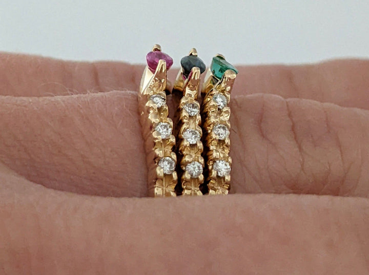 14K EMERLAD, RUBY, SAPPHIRE MARQUISE 2X4 WITH THREE DIAMONDS STACKABLE RINGS 5.8 GRAMS